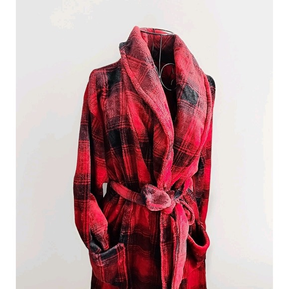 NEW SONOMA SuperSoft Fleece Robe Large Plaid Red Cozy At Home Loungewear NWT - Picture 2 of 5